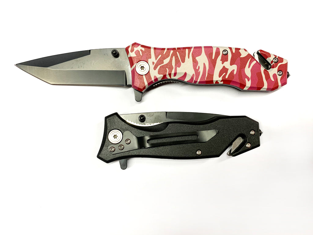 Folding Knife W. Clip Red Pink CAMO