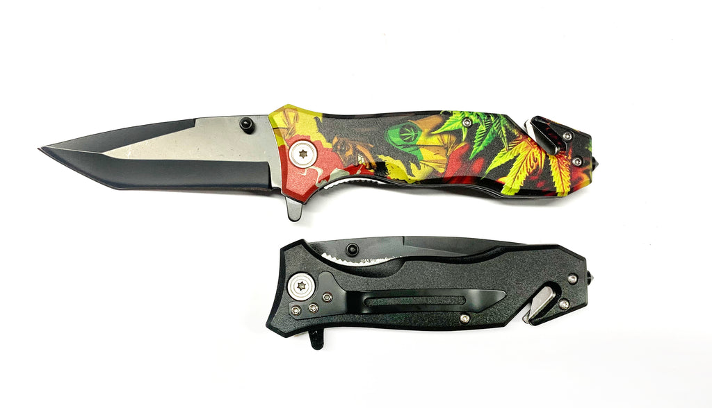 Tiger-USA Spring Assisted Knife Tanto Blade (Rasta Plant)