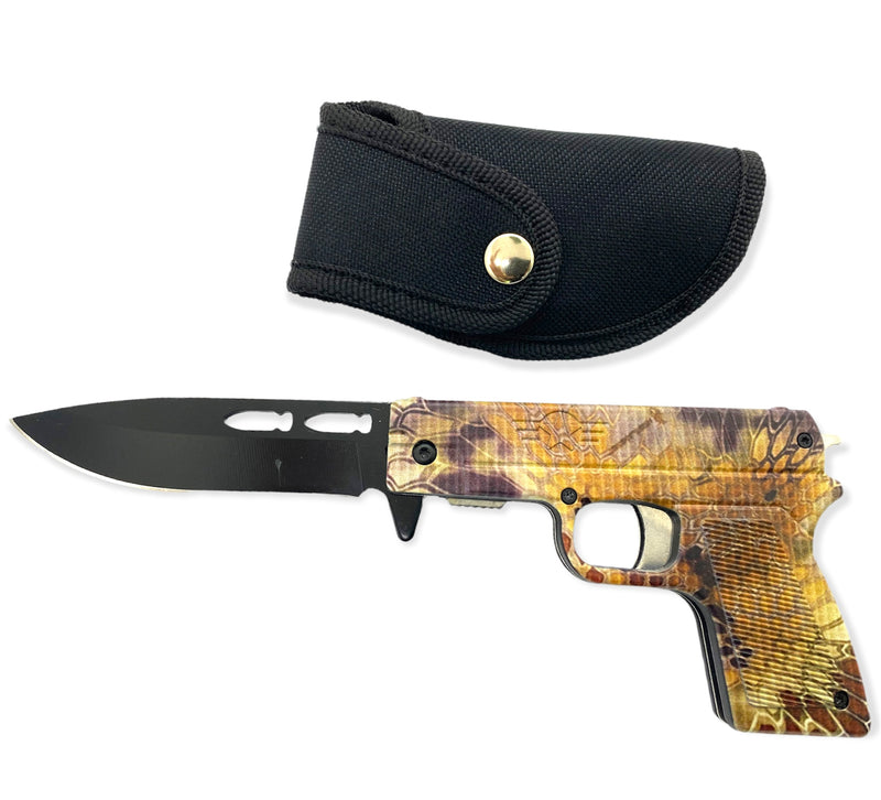 Tiger-USA Pistol Spring Assisted Knife BROWN SNAKE SKIN