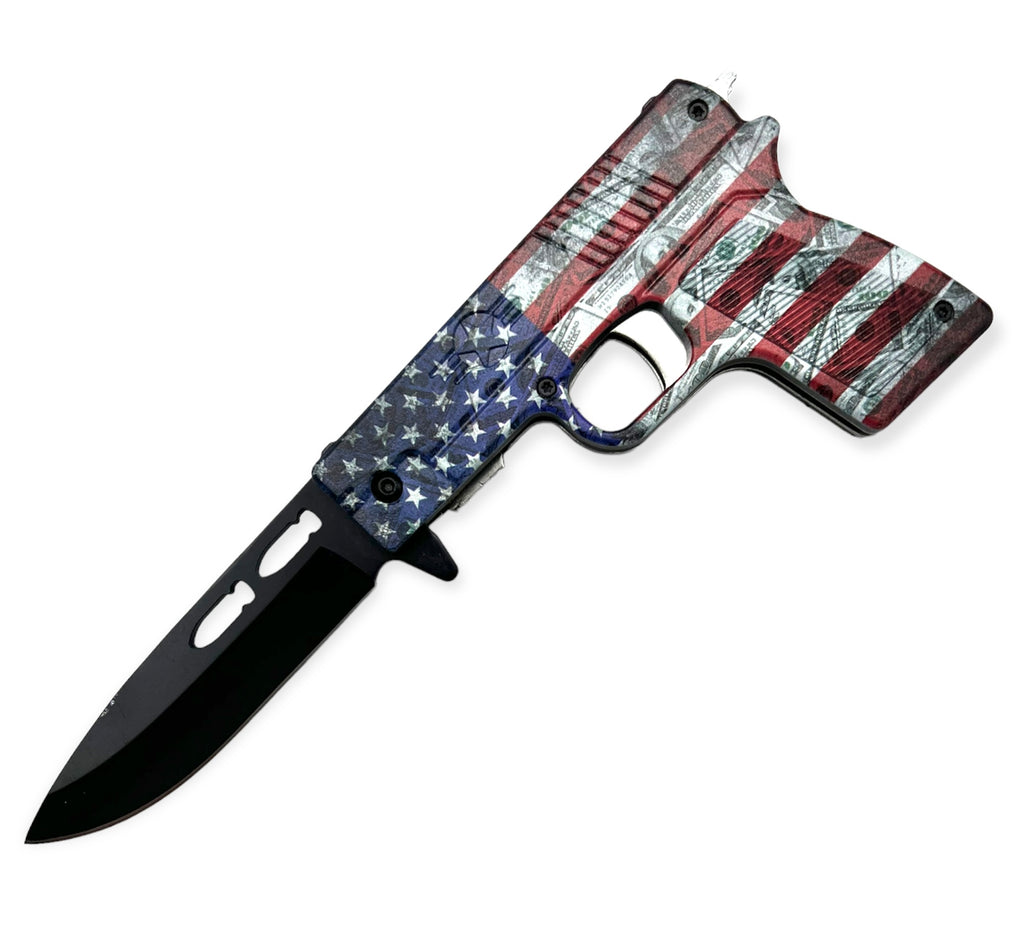 Tiger-USA Pistol Spring Assisted Knife  AMERICAN FLAG/ MONEY