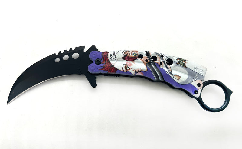 8.5 Inch Tiger-USA  Karambit Spring Assisted Style Knife - Purple Mean Bitch