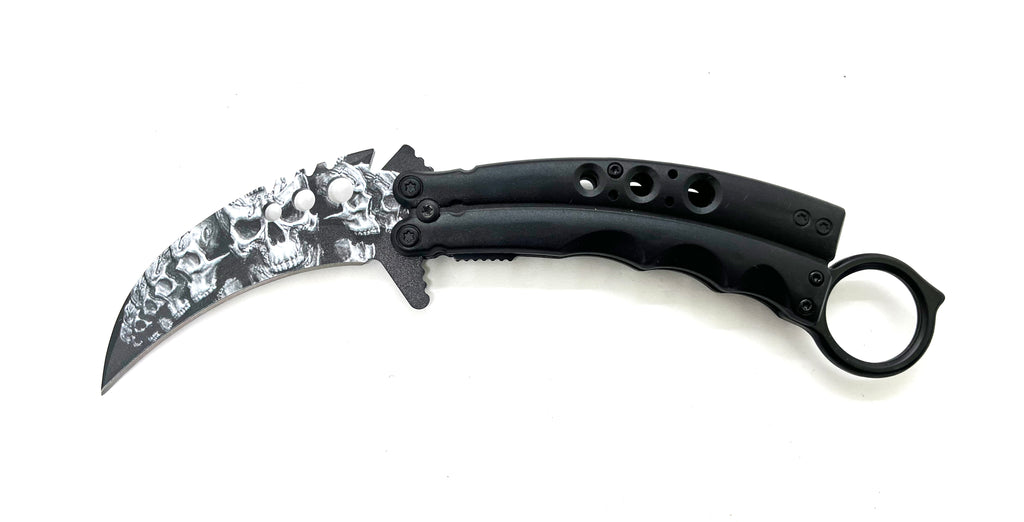 8.5 Inch Tiger-USA  Karambit Spring Assisted Style Knife - White Black Skulls