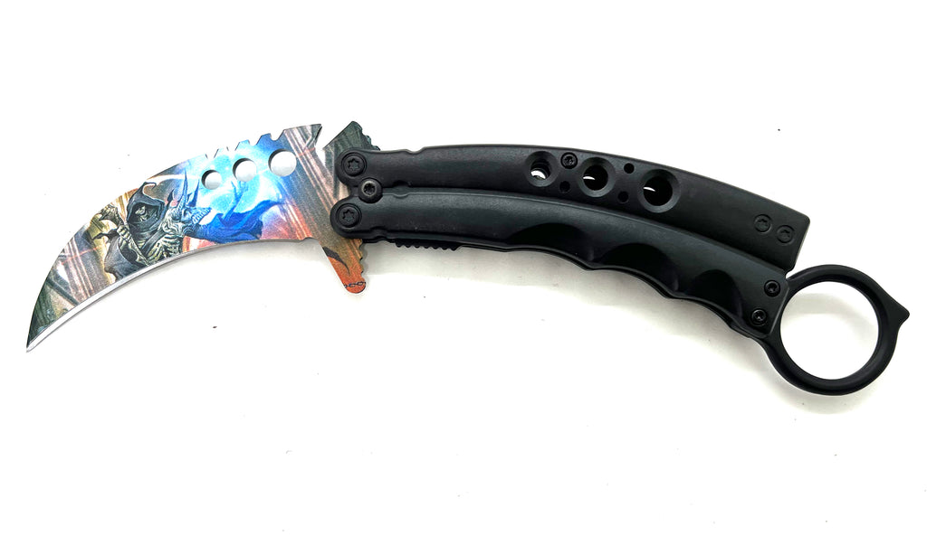 8.5 Inch Tiger-USA  Karambit Spring Assisted Style Knife - Skull Blue Light