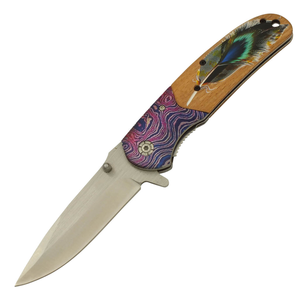 Peafowl Feather Spring Assisted Folding Pocket Knife