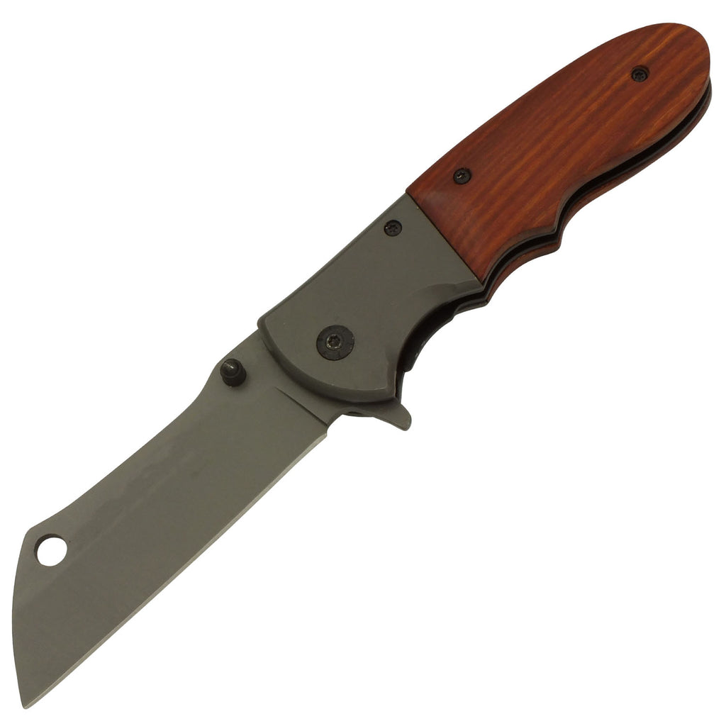 Fine Oak  Wood Handle Spring Assisted Folding Pocket Cleaver Knife