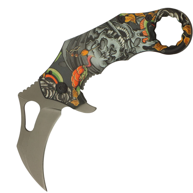 Pirate King's Skull Spring Assisted Folding Karambit Knife