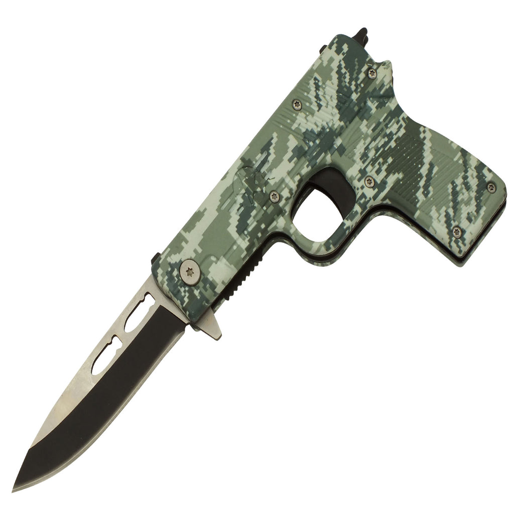 Armed Forces Olive Drab Camo Spring Assisted Pistol Knife with Sheath