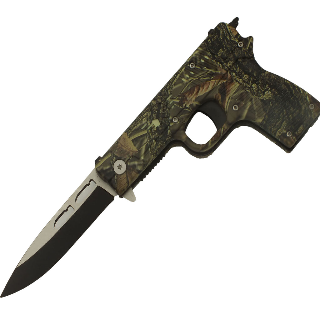 Armed Forces Jungle Camo Spring Assisted Pistol Knife with Sheath