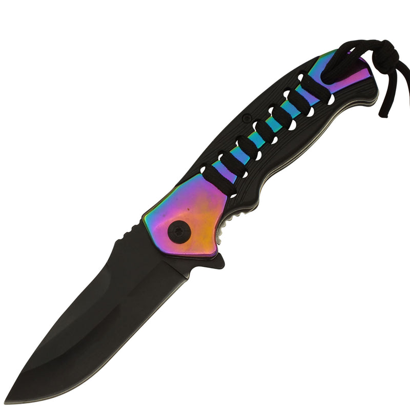 Cord Wrapped Rainbow Streak Spring Assisted Folding Pocket Knife