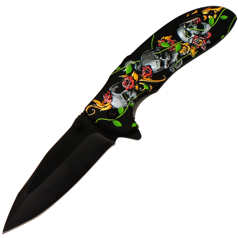 Rosa Sangre Skeleton Handle Black Blade Spring Assisted Folding Knife