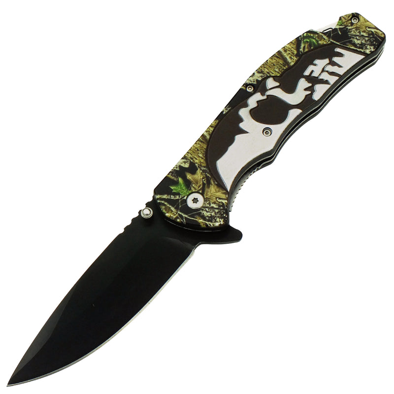 Skull Hunter Forested Black Blade Spring Assisted Folding Knife