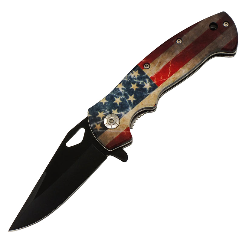 Old Glory USA Flag Black Blade Spring Assisted Folding Knife