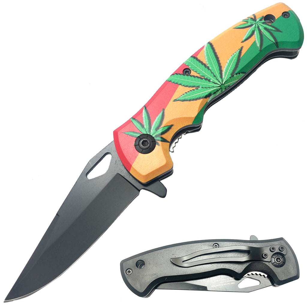 Spring Action Pocket Knife - Rasta Leaf