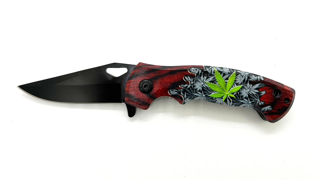 Spring Assisted Folding Knife  Green Plant