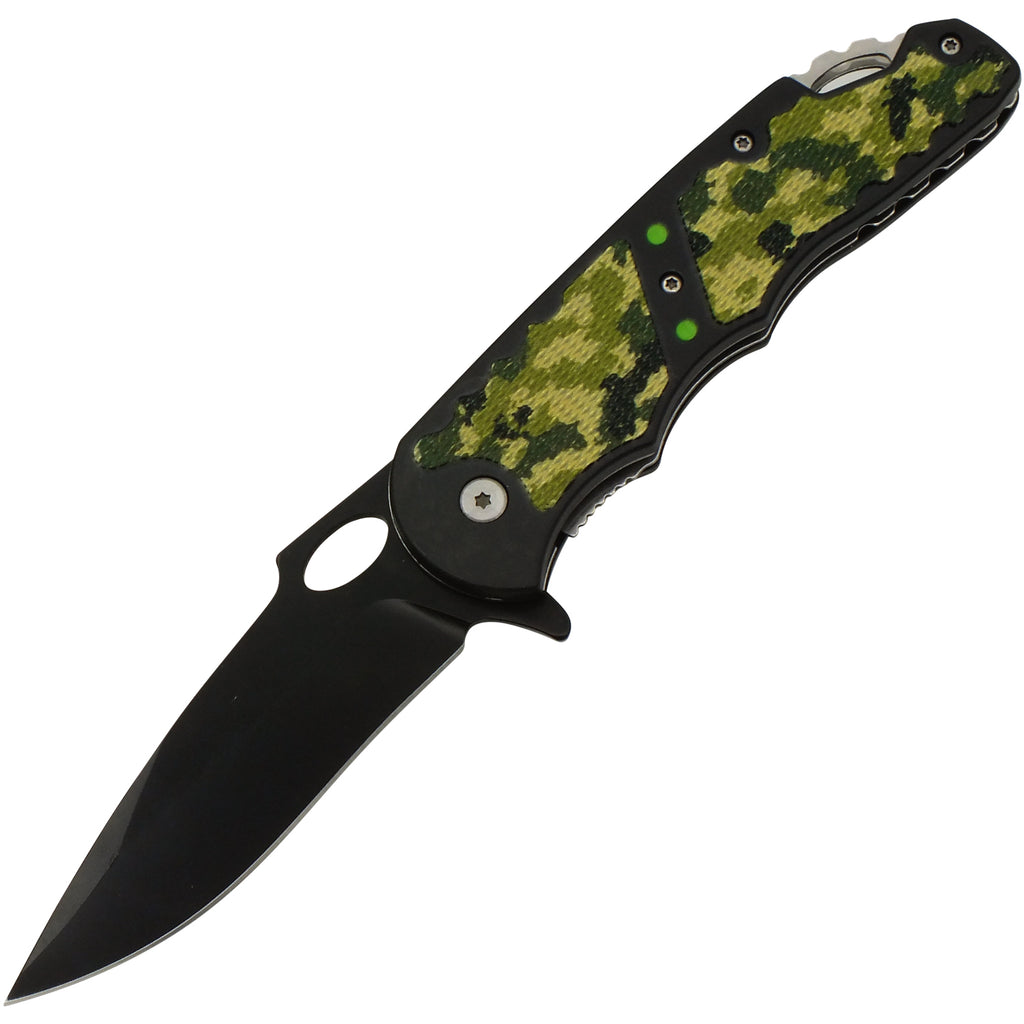 Army Camo Sure Grip Black Blade Spring Assisted Folding Knife