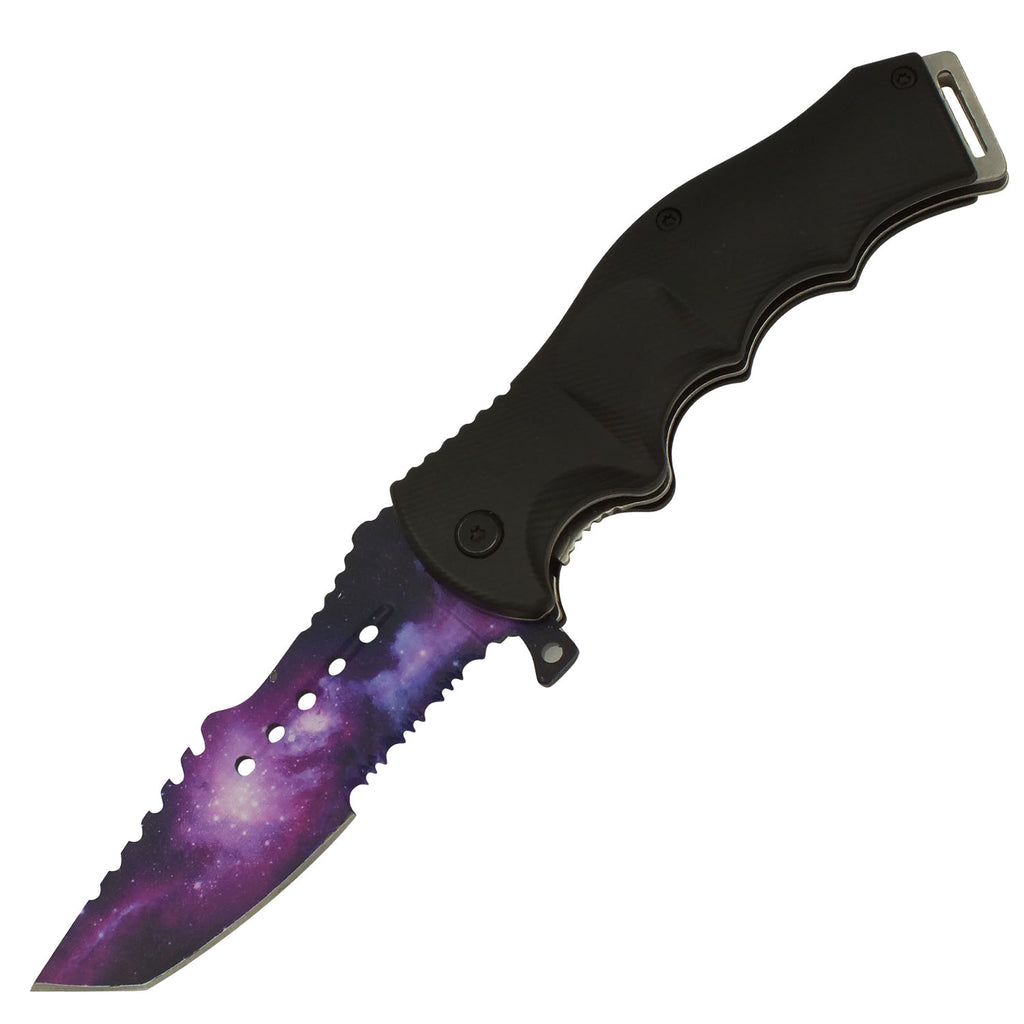 Black Night Galaxy Spring Assisted Serrated Base Folding Pocket Tanto Knife