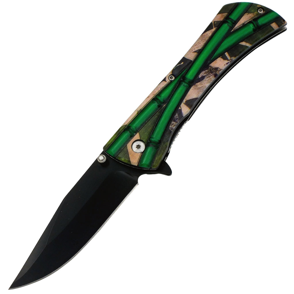 Bamboo Dream Green Black Blade Spring Assisted Folding Knife