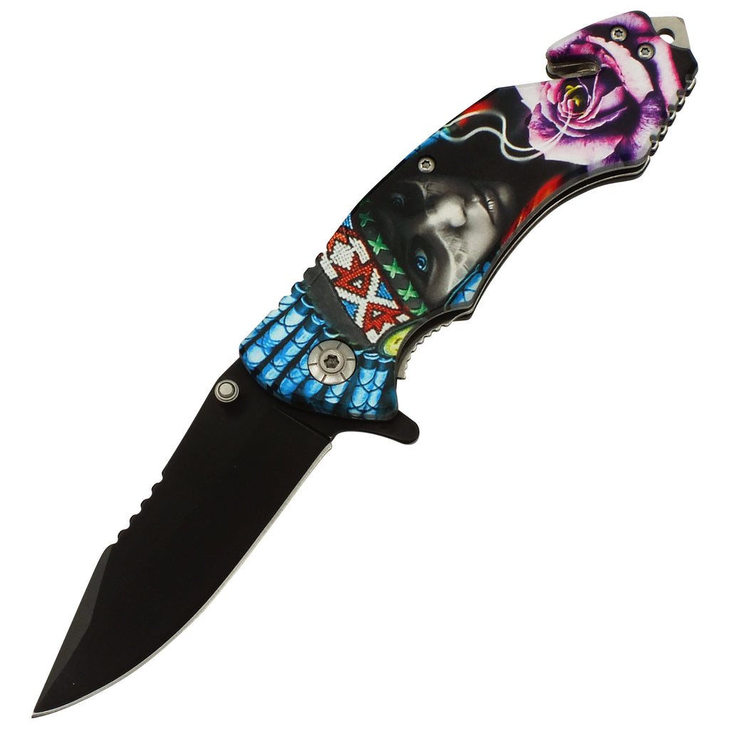Smoking Rose Native American Black Blade Spring Assisted Folding Knife