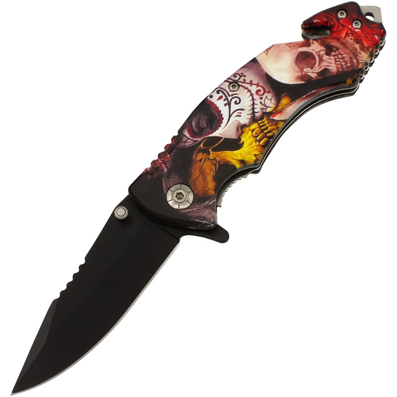 Sugar Skull Kiss of Death Black Blade Spring Assisted Folding Knife