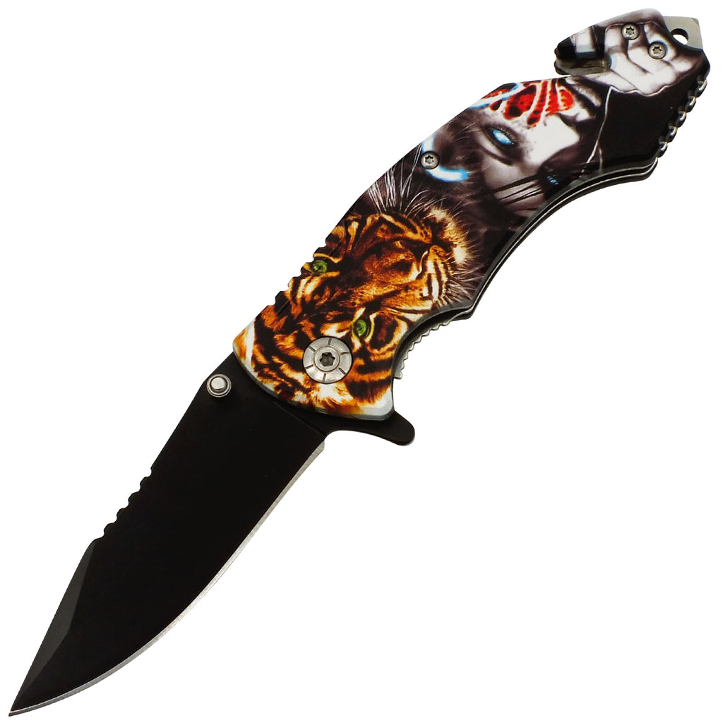 Tiger Fang Native American Black Blade Spring Assisted Folding Knife