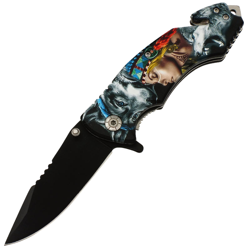 Native American Wolf Totem Black Blade Spring Assisted Folding Knife