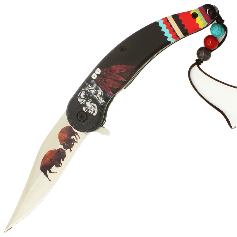 Native American Heritage Black Spring Assisted Folding Buffalo Knife