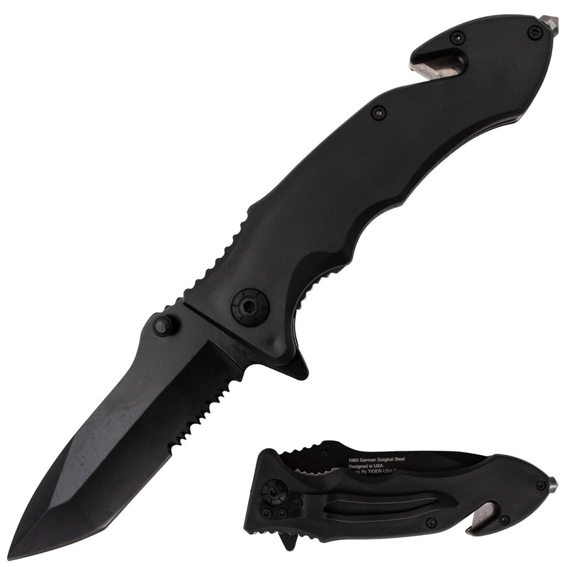 Tiger USA Spring Assisted Knife Jet Black Tanto