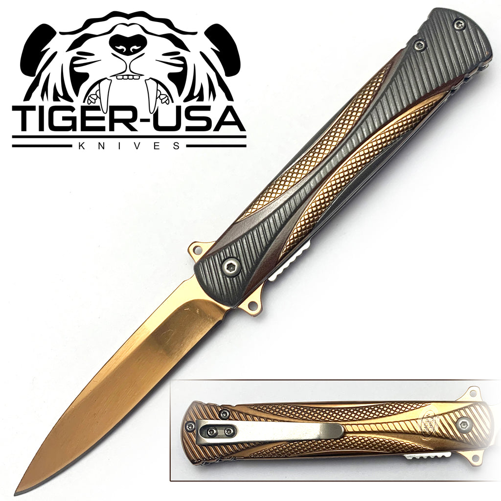 Tiger-USA Spring Assisted Knife - Fiber Gold