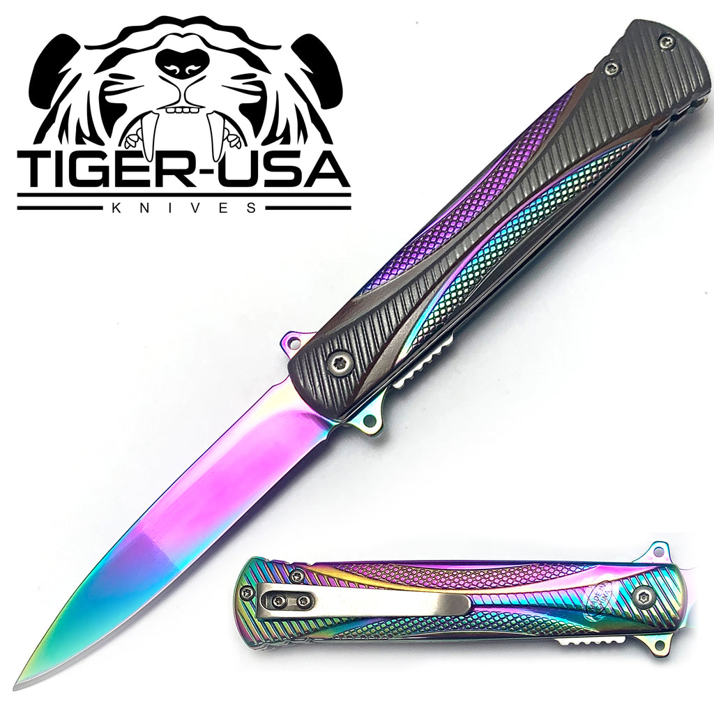 Tiger-USA Spring Assisted Knife - Fiber Rainbow