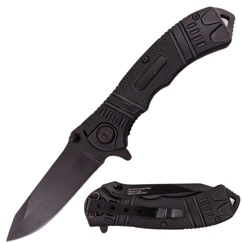 8 Inch Spring Assisted TechTact Knife DP Blade - Black