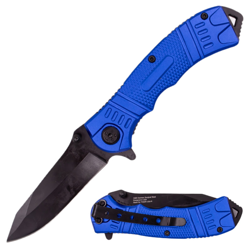 8 Inch Spring Assisted TechTact Knife DP Blade - Blue