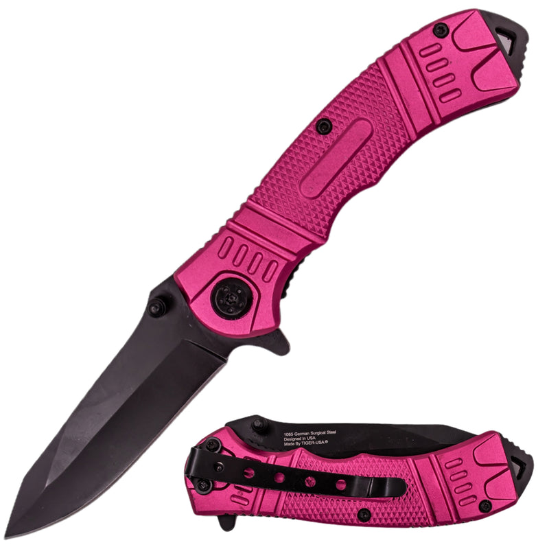 8 Inch Spring Assisted TechTact Knife DP Blade - Pink