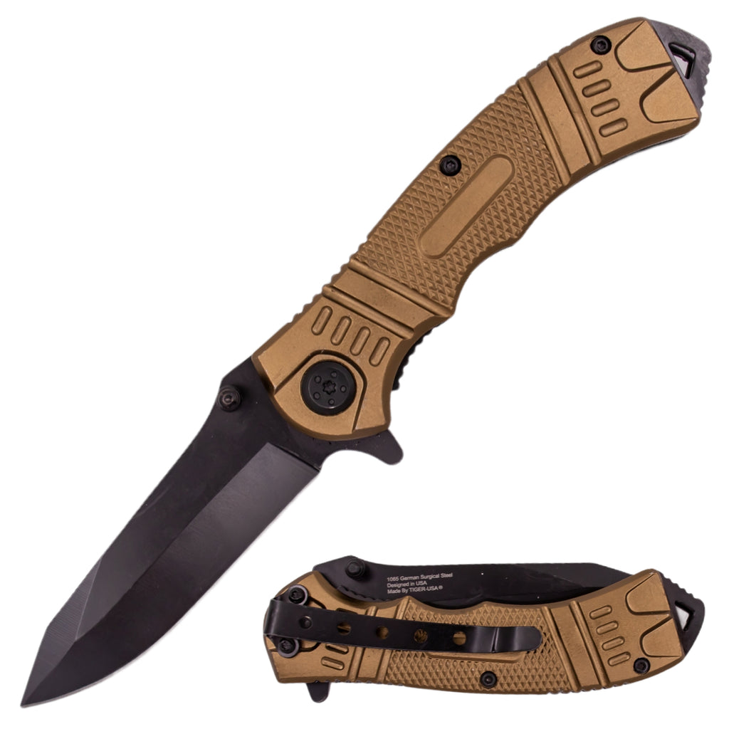 8 Inch Spring Assisted TechTact Knife DP Blade - Tan