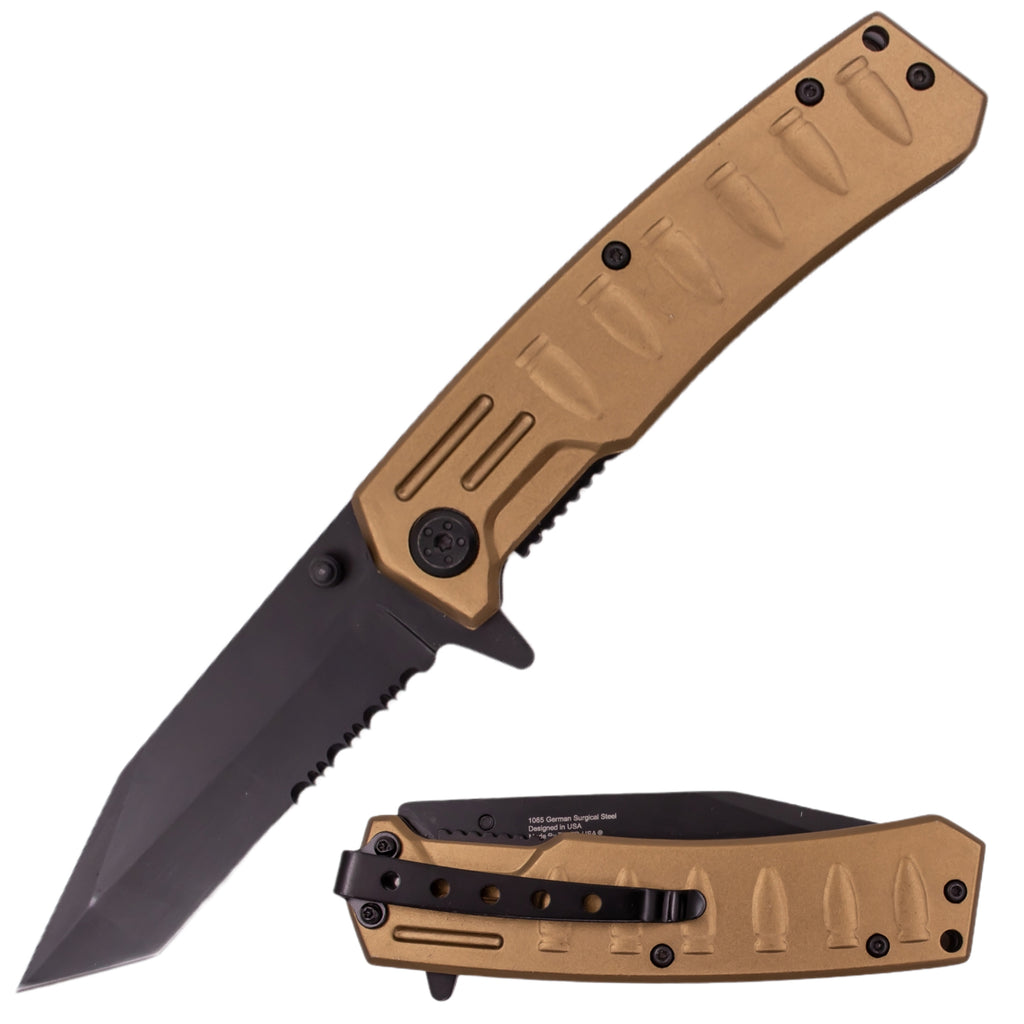 Bullet Time 8 Inch Super Spring Assisted Knife - Tan