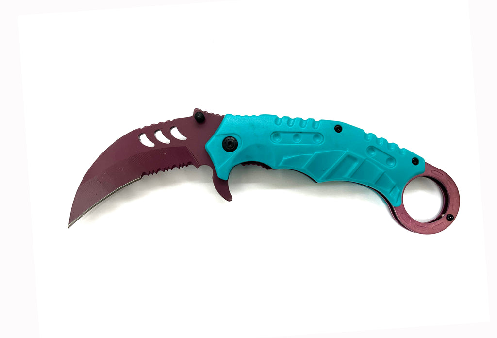 Tiger-USA Dual-Colored Karambit Style Knife - BLUE Handle PINK Knife