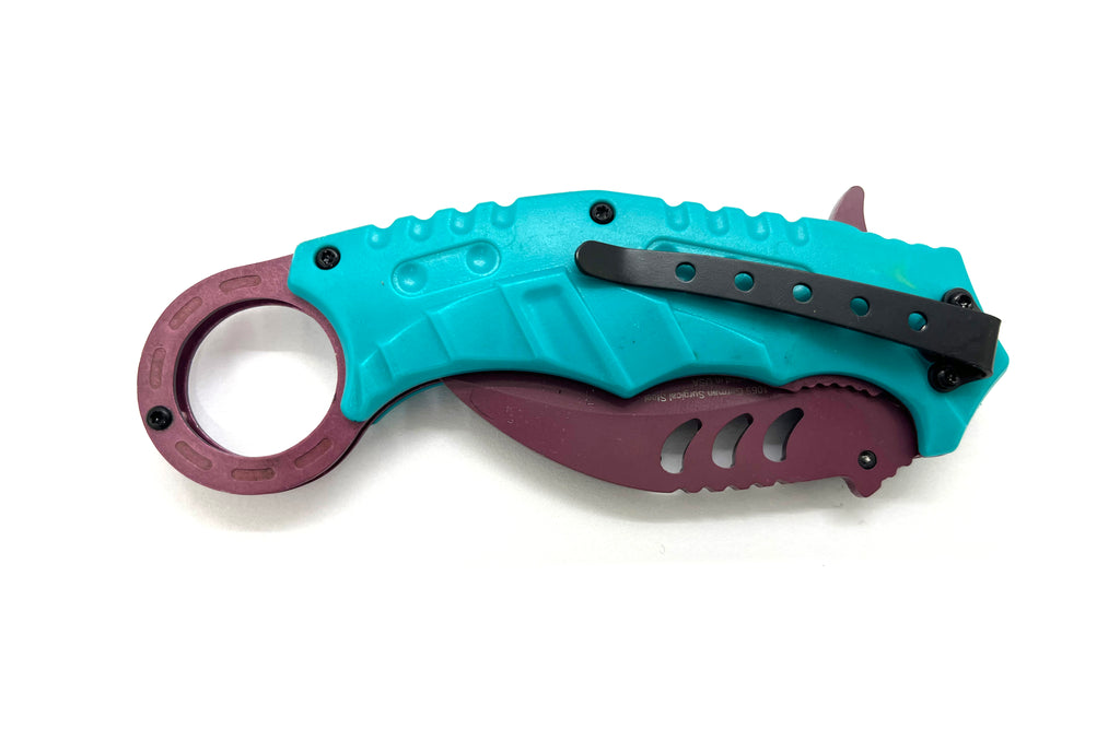 Tiger-USA Dual-Colored Karambit Style Knife - BLUE Handle PINK Knife