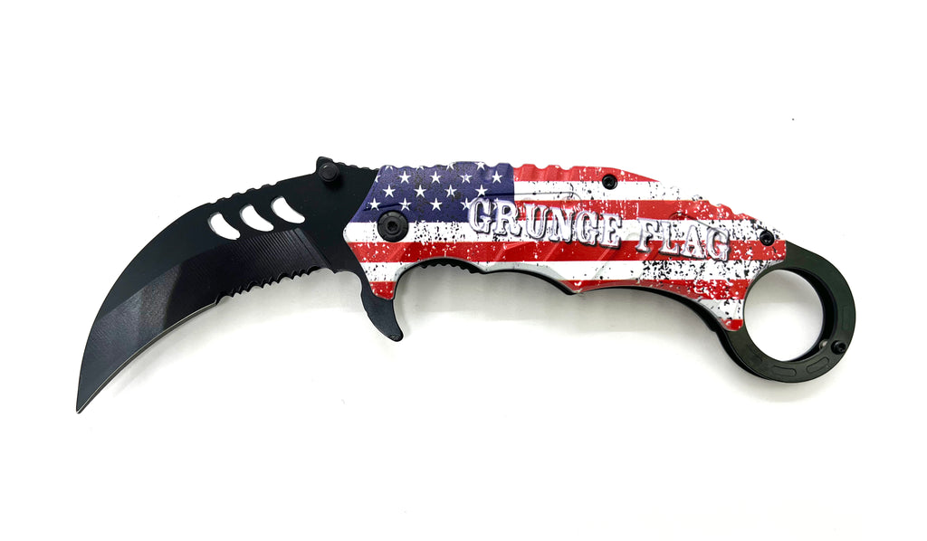 Tiger-USA Dual-Colored Karambit Style Knife - GRUNGE FLAG Black Knife