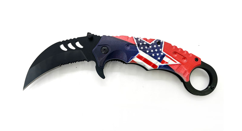 Tiger-USA Dual-Colored Karambit Style Knife - Star flag Black knife
