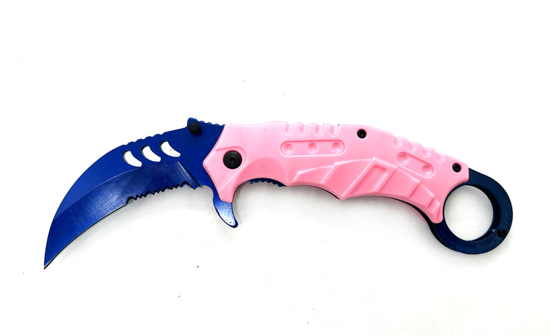 Tiger-USA Dual-Colored Karambit Style Knife - Pink Handle Blue Knife