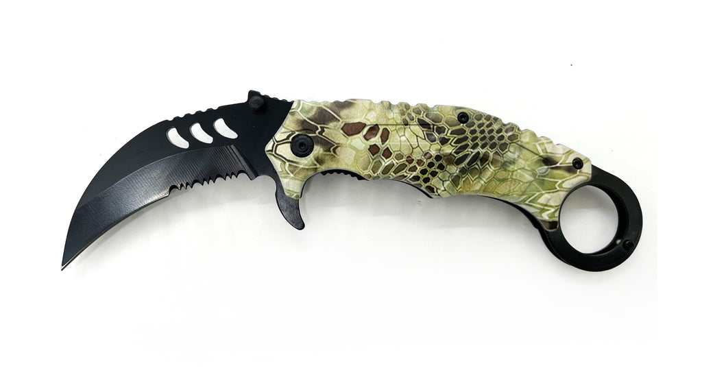Tiger-USA Dual-Colored Karambit Style Knife -Green Camo Hnadle Black knife