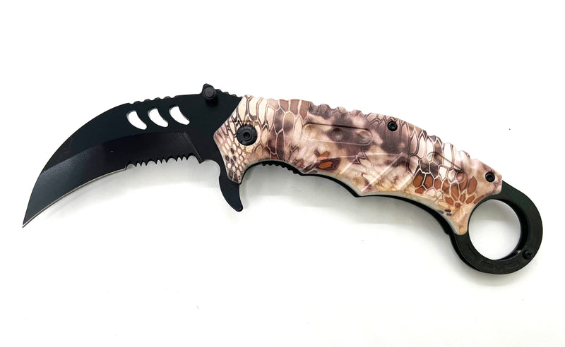 Tiger-USA Dual-Colored Karambit Style Knife - Brown CAMO Handle Black Knife