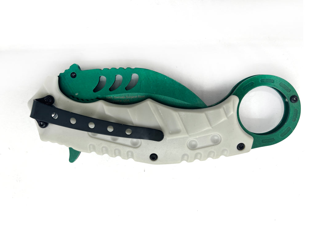 Tiger-USA Dual-Colored Karambit Style Knife -  White Handle Green Knife