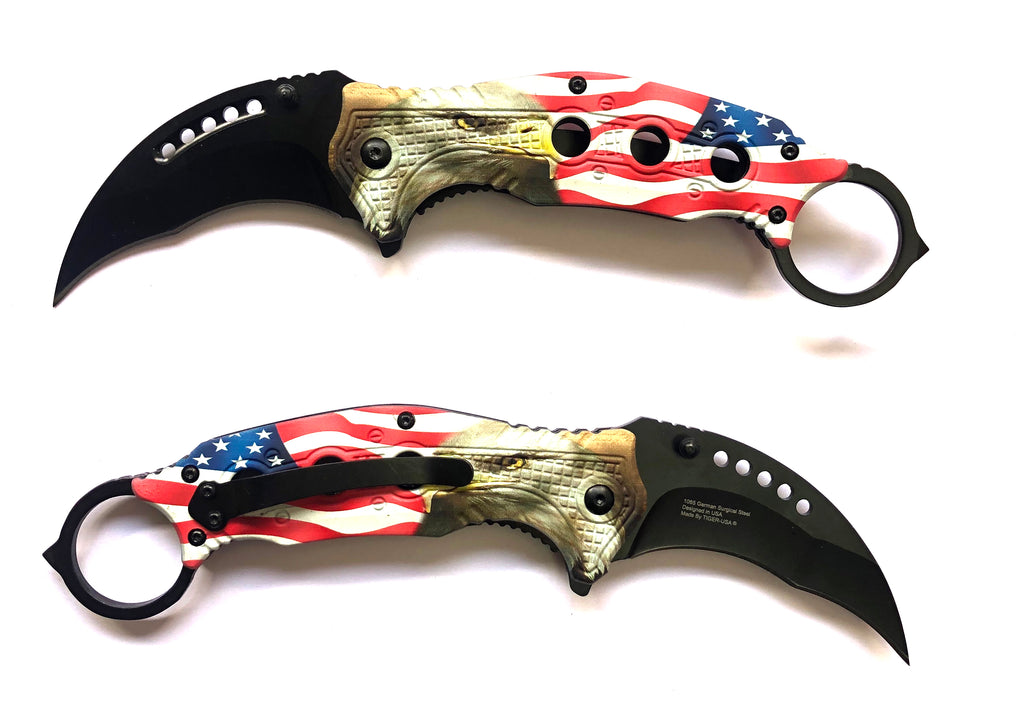 Tiger-USA® Folding Knife Karambit Style FLAG