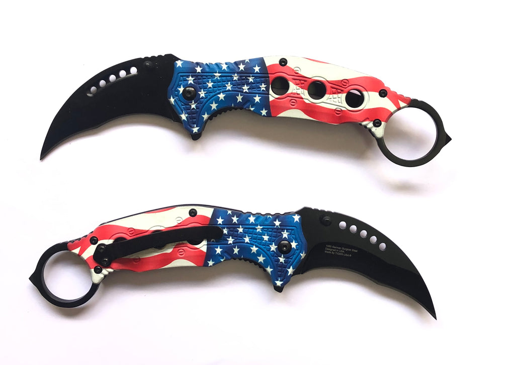 Tiger-USA® Folding Knife Karambit Style FLAG