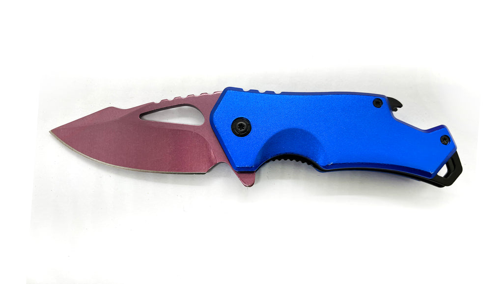 DROP POINT BLUE  HANDLE PINK BLADE BEER BOTTLE  OPENER