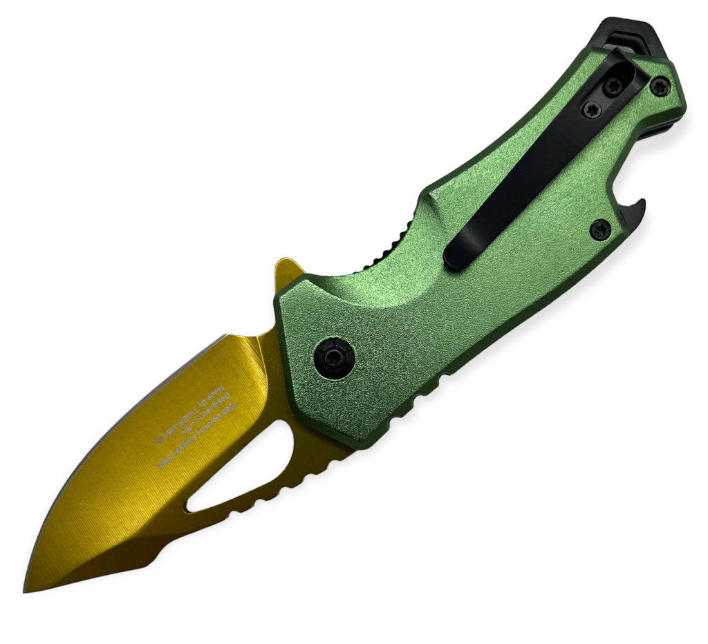 DROP POINT GREEN AND GOLD BLADE FOLDING KNIFE  With BEER BOTTLE  OPENER