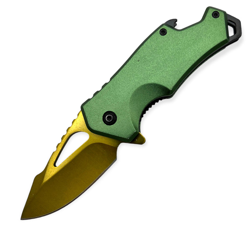 DROP POINT GREEN AND GOLD BLADE FOLDING KNIFE  With BEER BOTTLE  OPENER