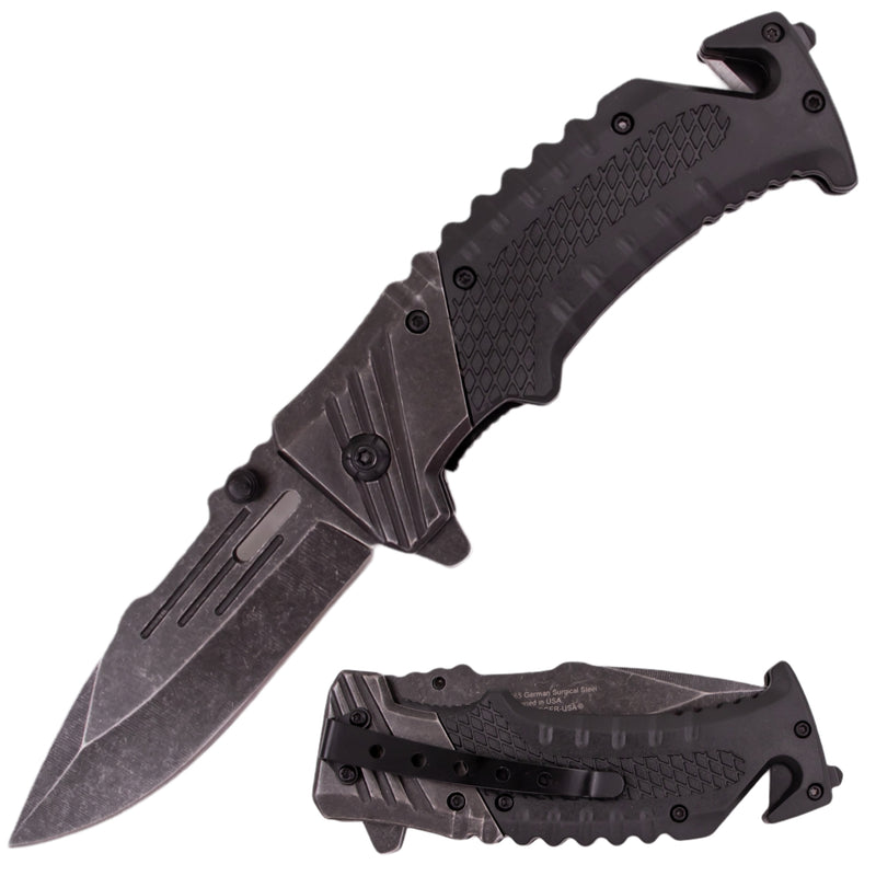 7 Inch Tiger-USA Ergonomic Grip Stonewashed Spring Assisted Knife - Black