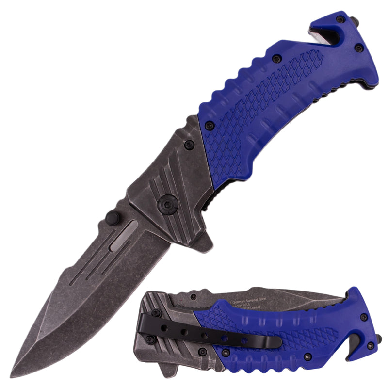 7 Inch Tiger-USA Ergonomic Grip Stonewashed Spring Assisted Knife - Blue