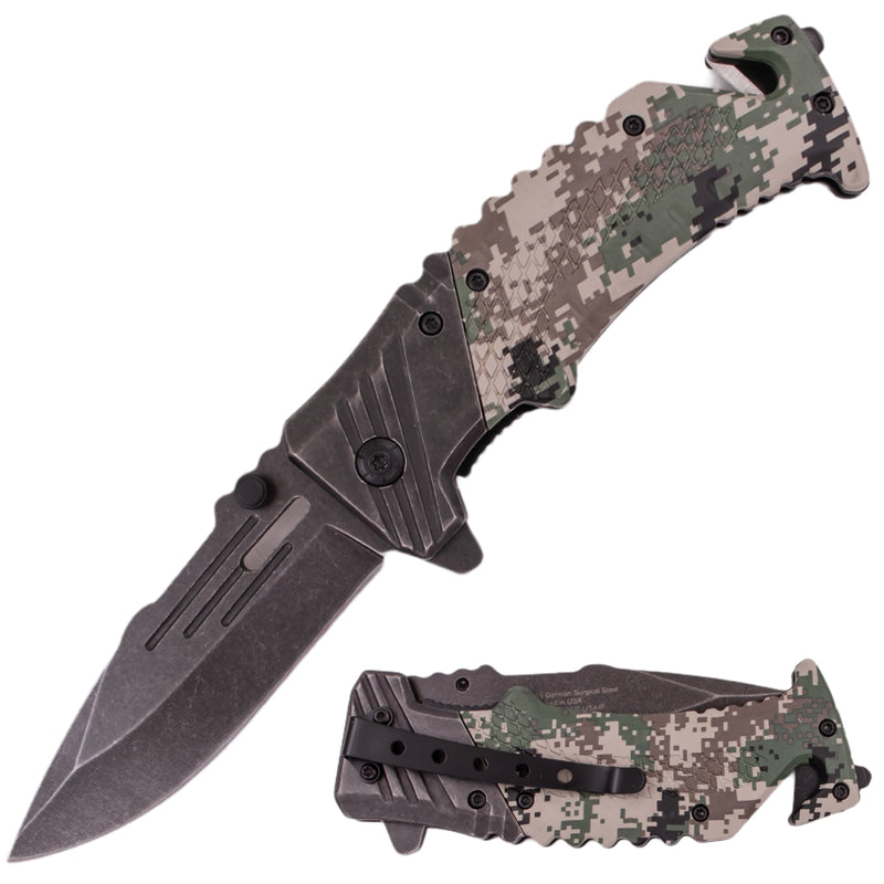 7 Inch Tiger-USA Ergonomic Grip Stonewashed Spring Assisted Knife - Camo 1